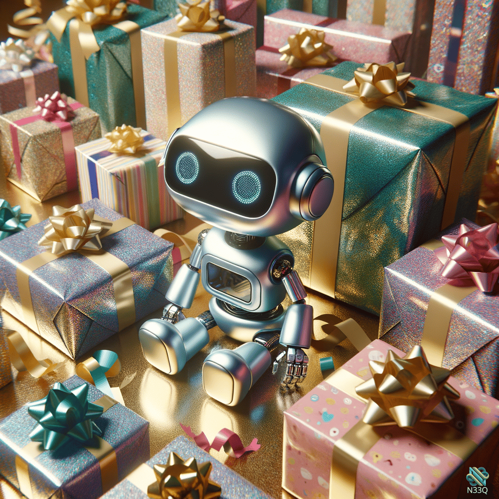 Metallic Robot Amidst Colorful Gift Boxes
