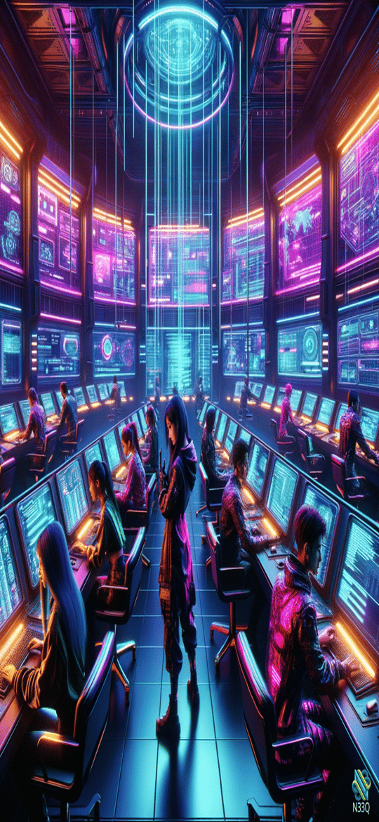 Operators in Neon Cyberpunk Command Center