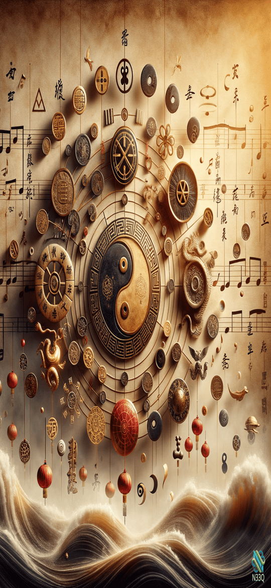 Yin-Yang Surrounded by Chinese Coins Dragons and Waves