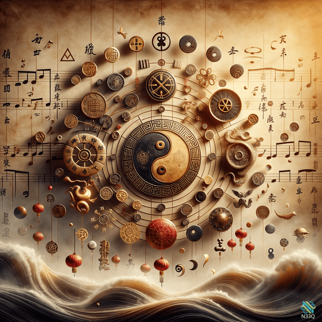 Yin-Yang Surrounded by Chinese Coins Dragons and Waves