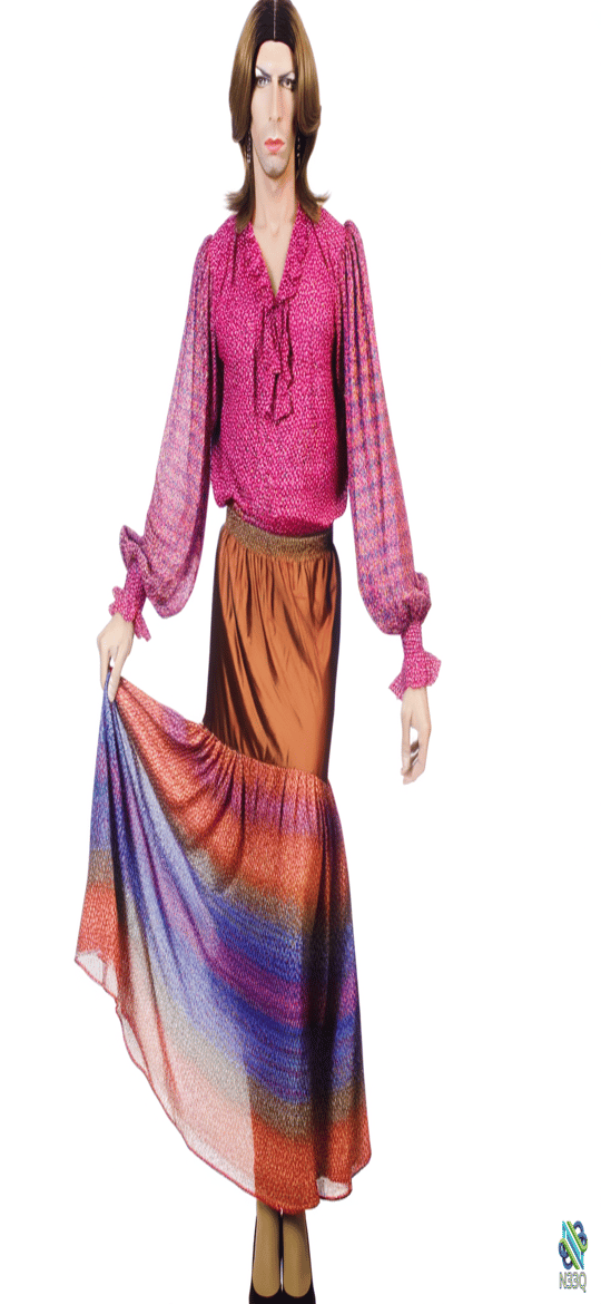 Man in Pink Sequin Blouse and Striped Skirt