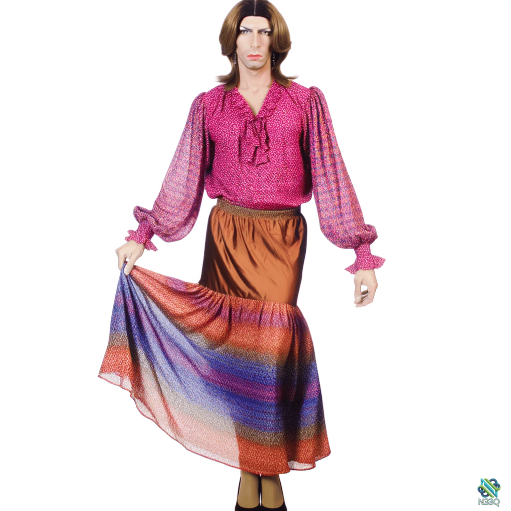Man in Pink Sequin Blouse and Striped Skirt