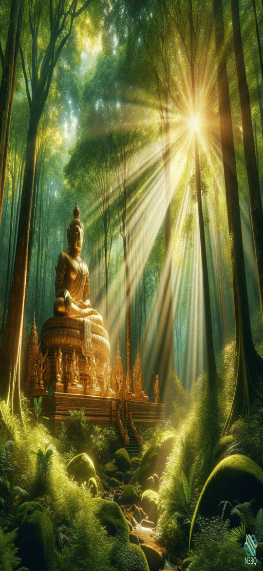 Golden Buddha in Sunlit Forest