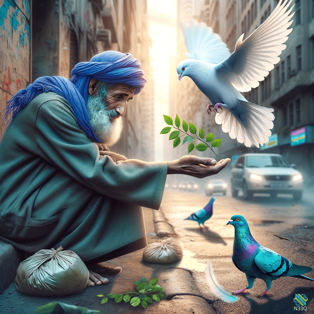 Elderly Man Offering Branch to White Dove