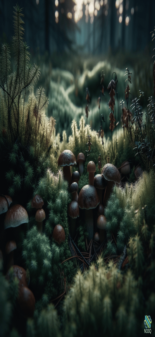 Mushrooms Growing in Mossy Forest Floor