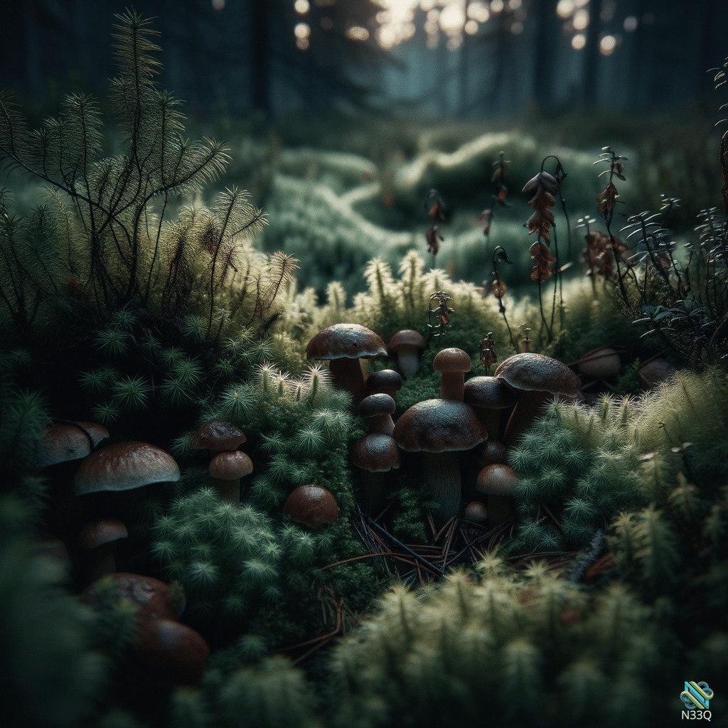 Mushrooms Growing in Mossy Forest Floor