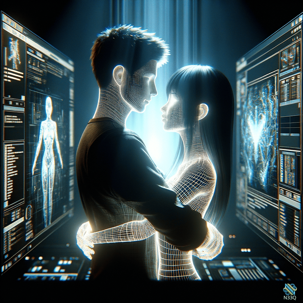 Wireframe Couple Embracing in Futuristic Lab
