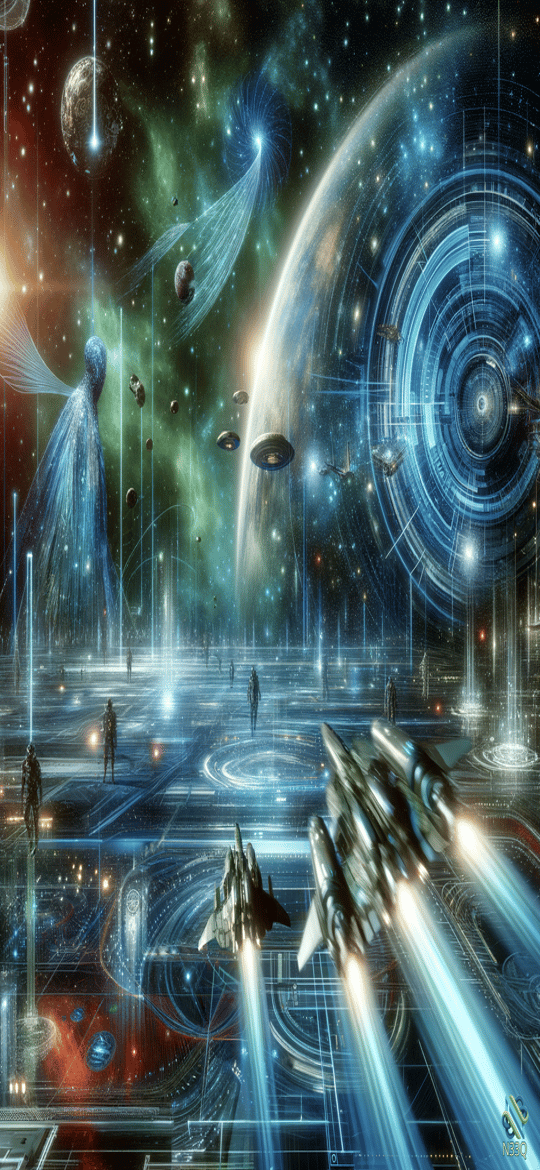 Ethereal Angel Over Spaceships on Futuristic Platform