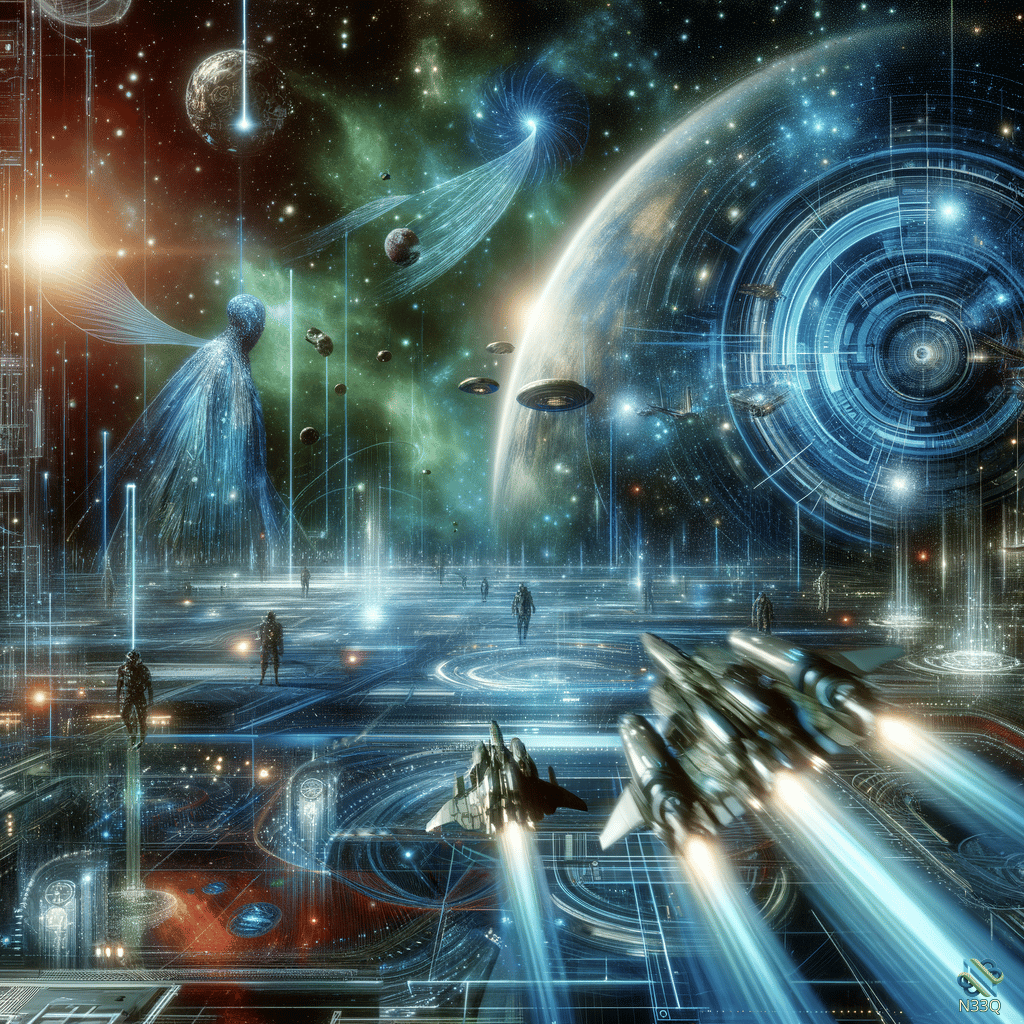 Ethereal Angel Over Spaceships on Futuristic Platform