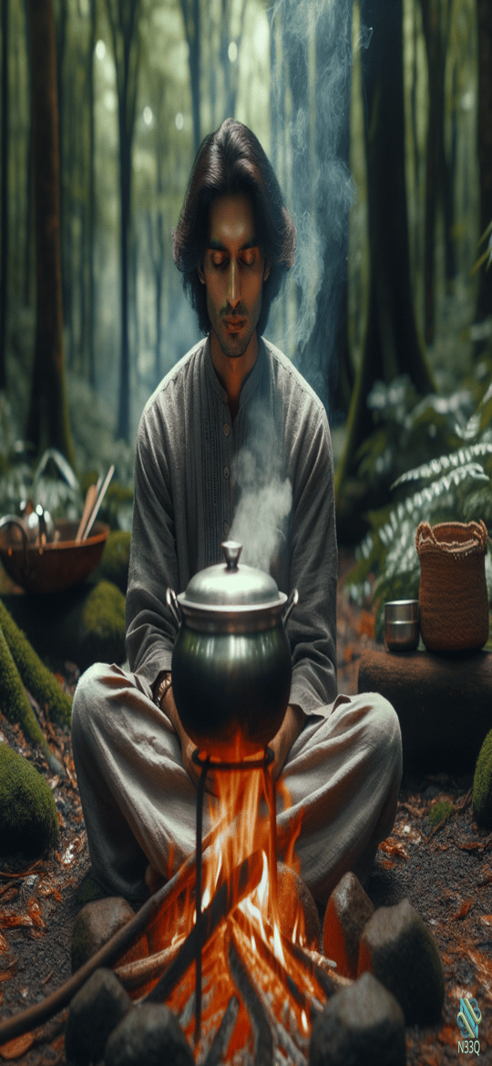 Man Meditating Over Campfire Cauldron in Forest