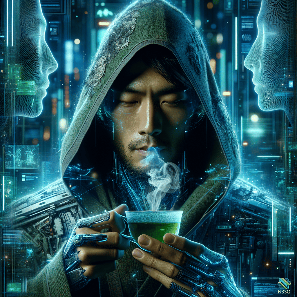 Cybernetic Hooded Monk With Glowing Green Cup
