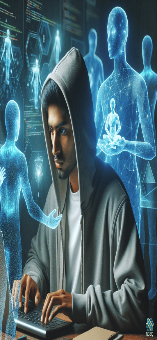 Hooded Man Typing Amid Holographic Figures