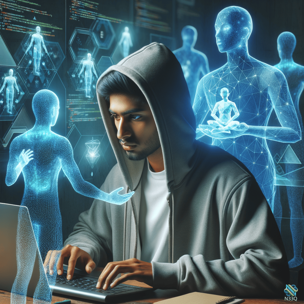 Hooded Man Typing Amid Holographic Figures