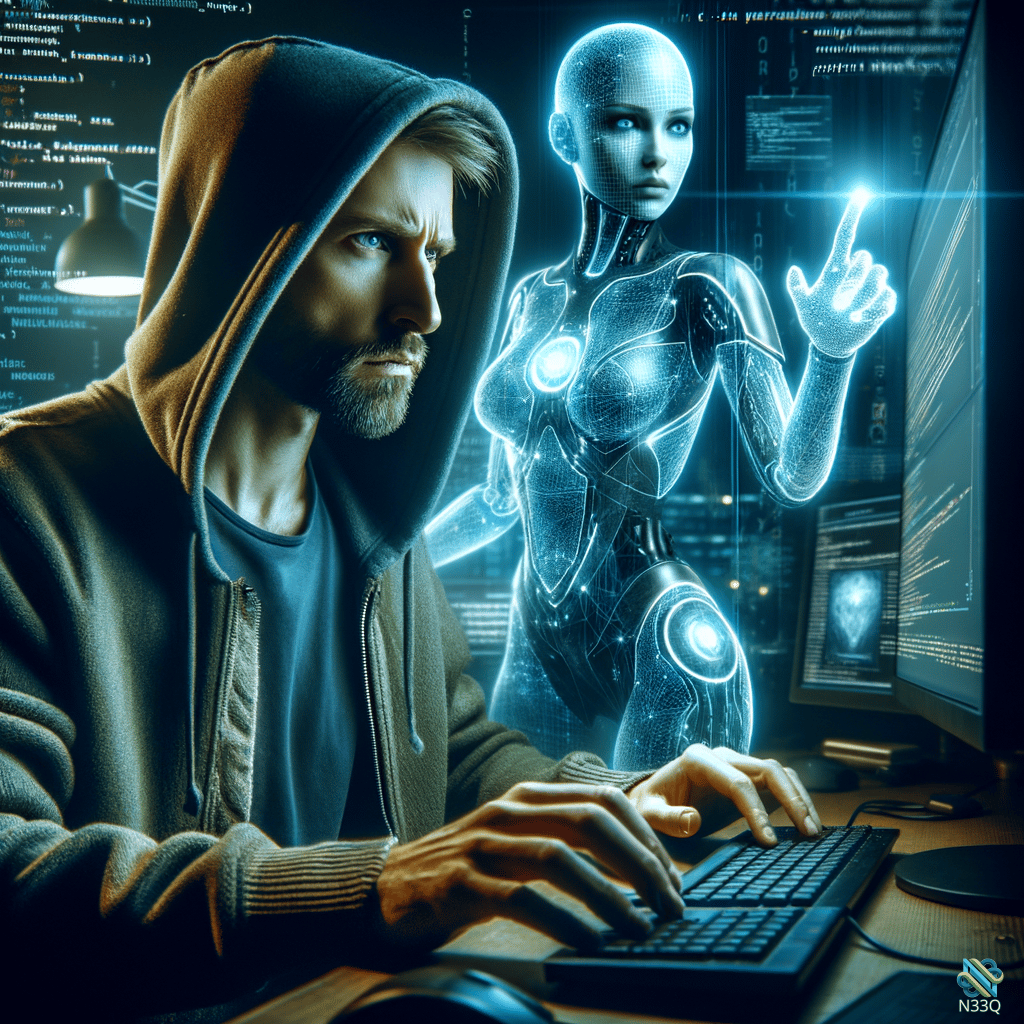 Hooded Hacker with Holographic Female Android