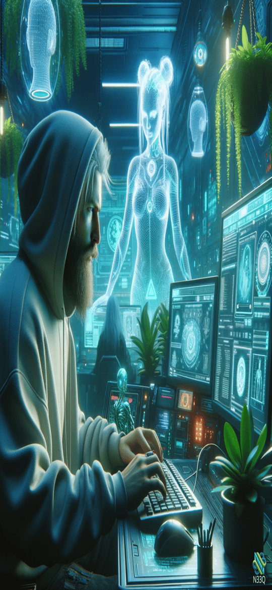 Hooded Man with Holographic Female Figure