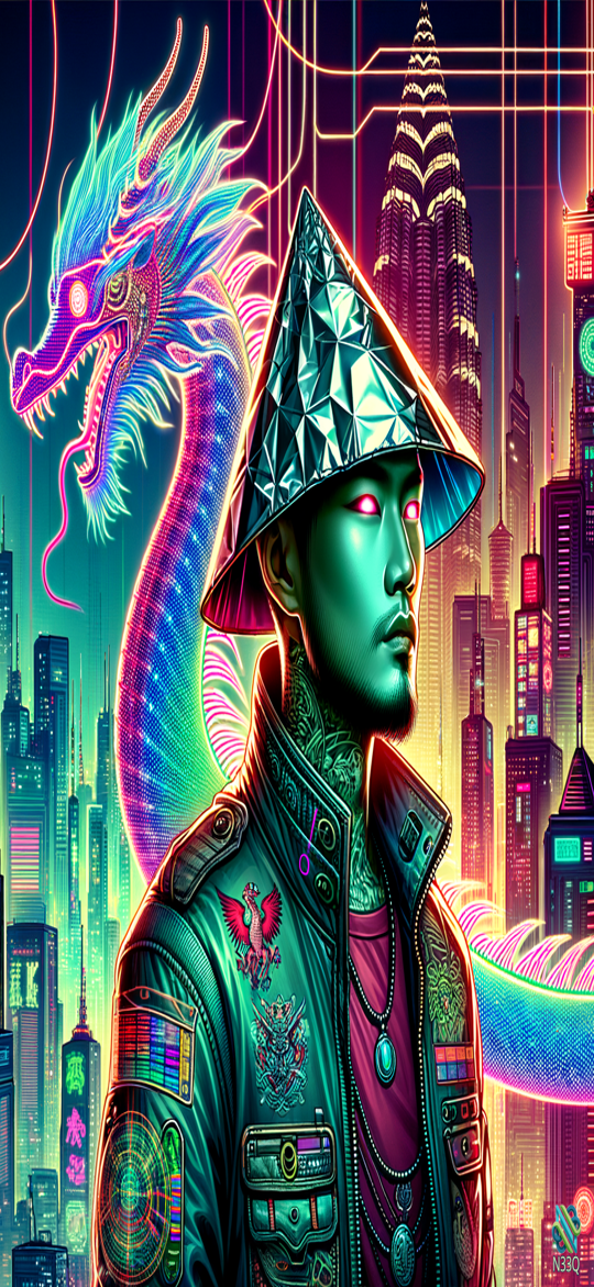 Cyberpunk Man with Neon Dragon in Futuristic City