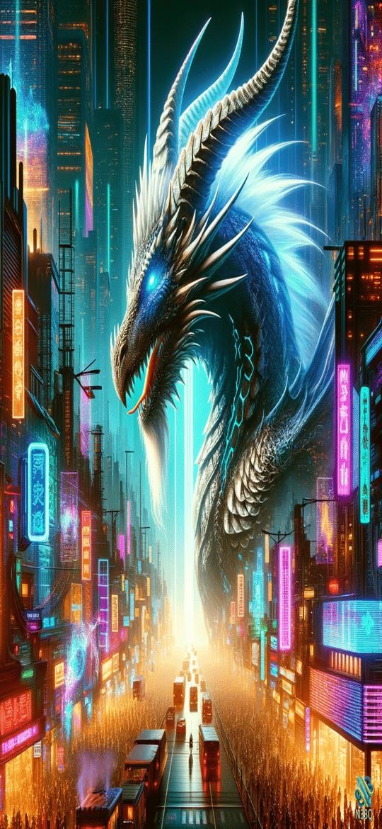 Blue Dragon Over Neon Cyberpunk City