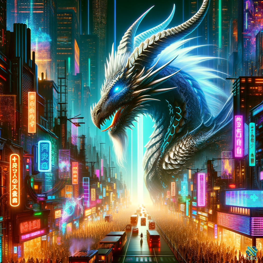 Blue Dragon Over Neon Cyberpunk City