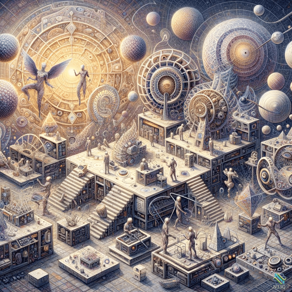 Surreal Mechanical Celestial Realm with Figures