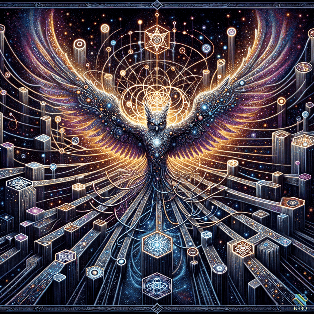 Cosmic Owl Over Neon Geometric City