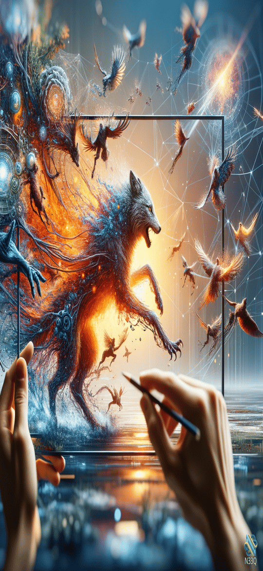 Fiery Wolf Leaping Through Portal Amid Birds