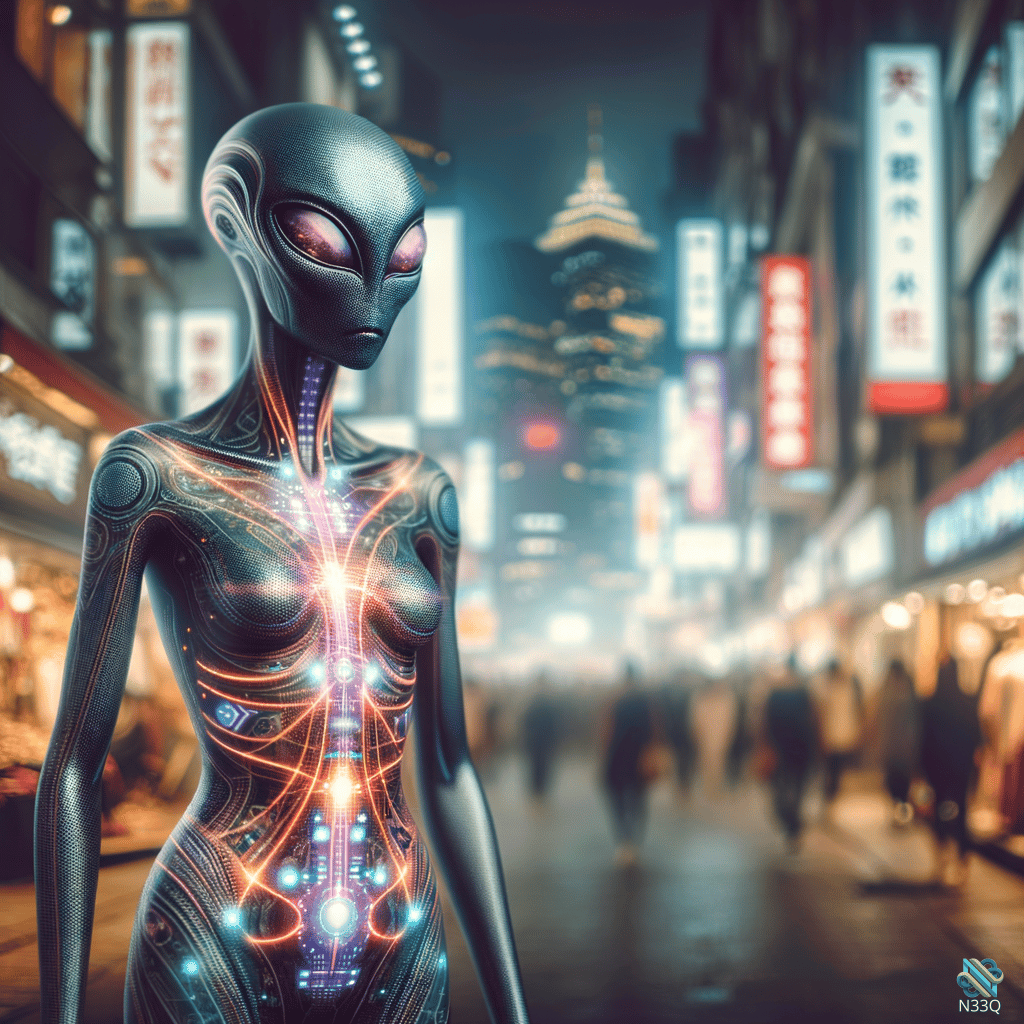 Glowing Alien in Neon Cyberpunk Street