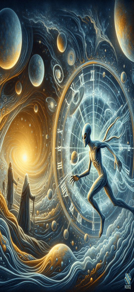 Alien Leaping Past Translucent Cosmic Clock