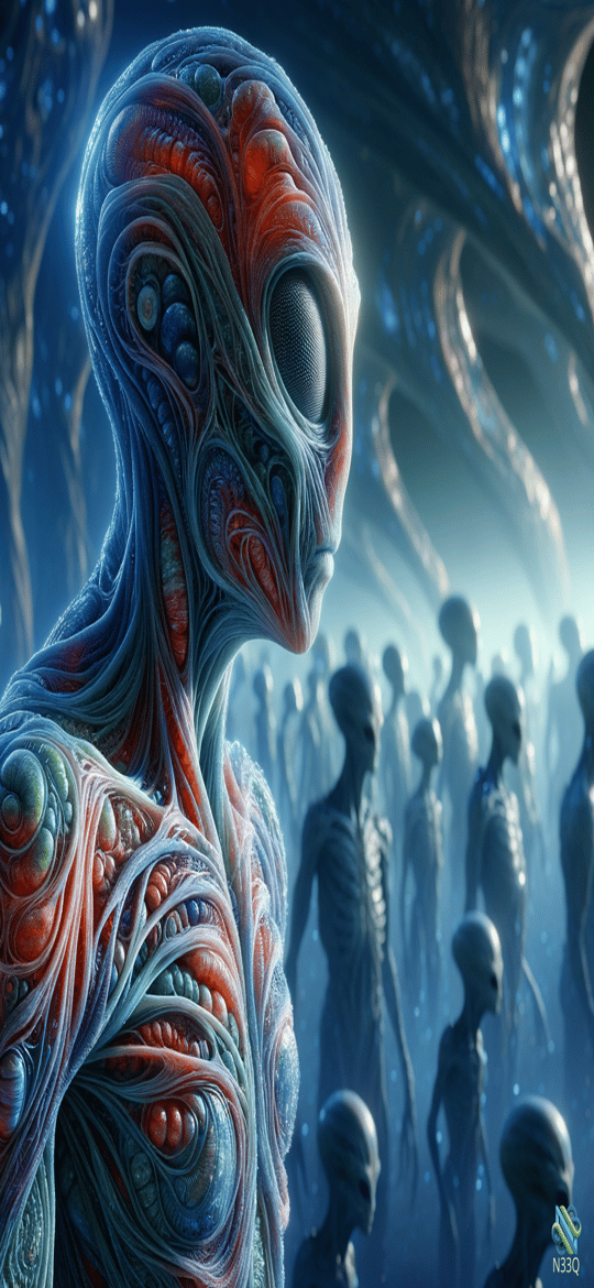 Intricate Alien in Bioluminescent Crowd