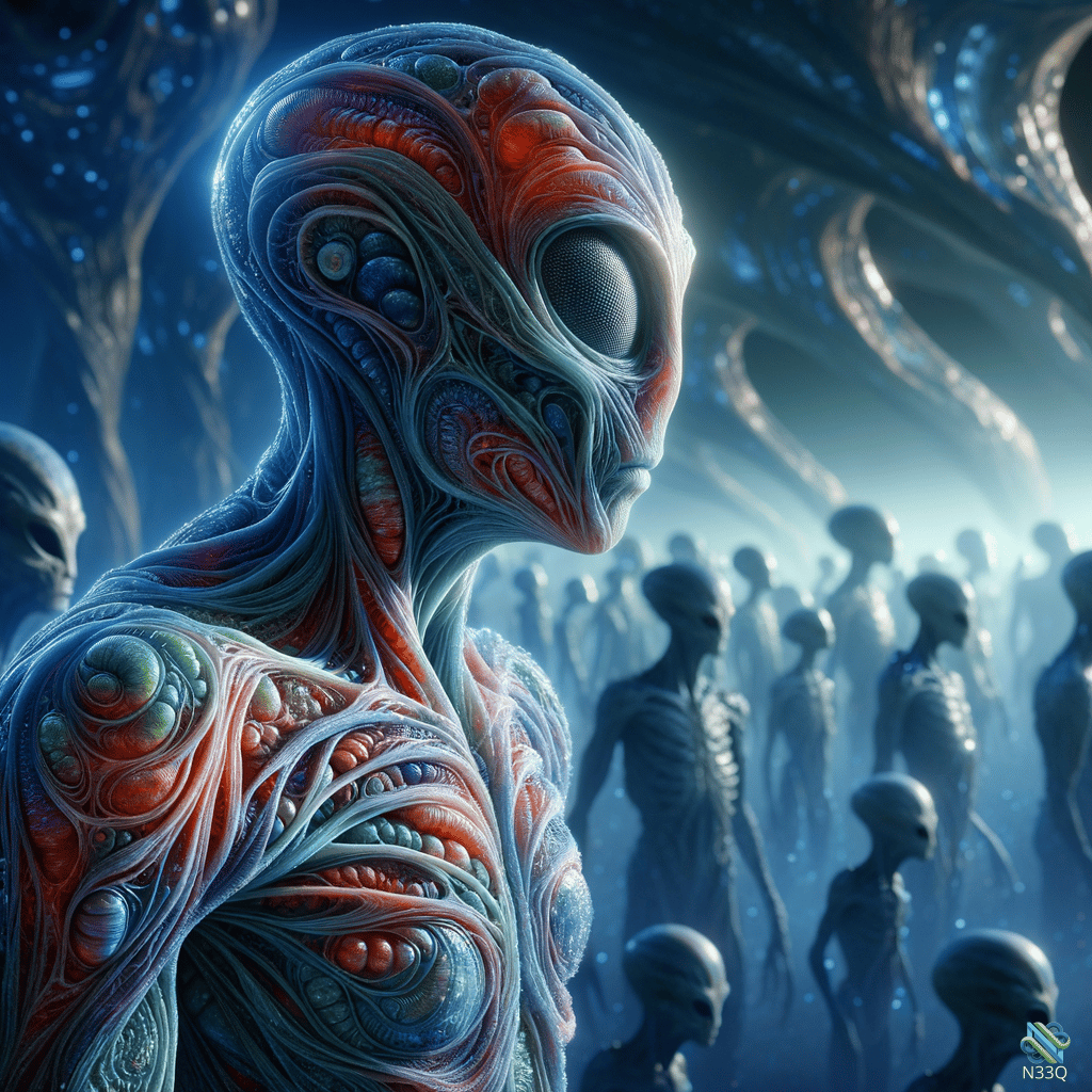 Intricate Alien in Bioluminescent Crowd