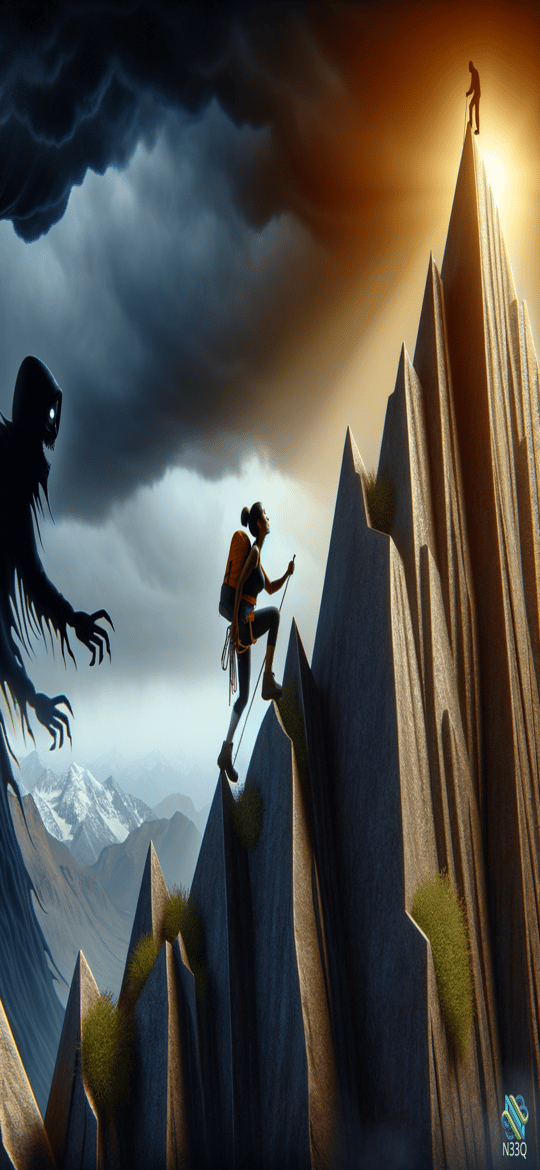 Climber Facing Shadow Creature on Mountain Ridge