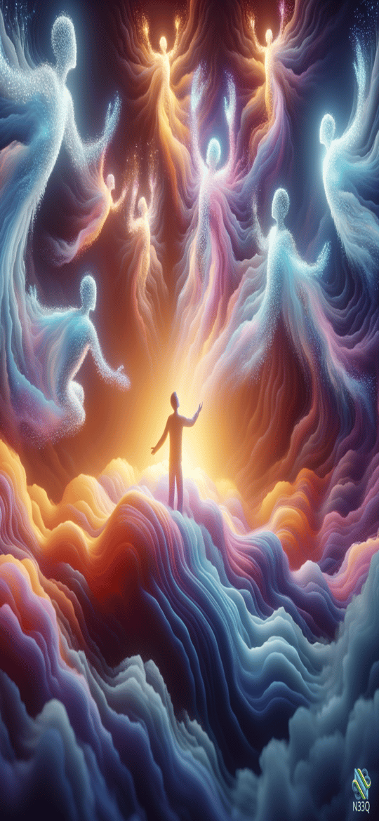 Figure Among Swirling Ethereal Light Spirits