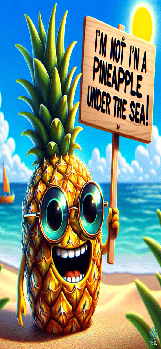 Anthropomorphic Pineapple Holding Sign on Beach