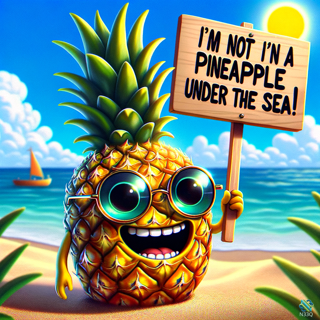 Anthropomorphic Pineapple Holding Sign on Beach