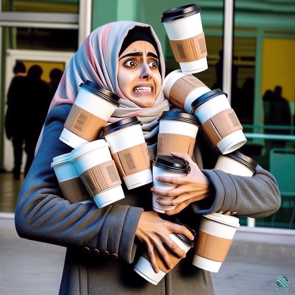 Woman in Hijab Overwhelmed by Coffee Cups