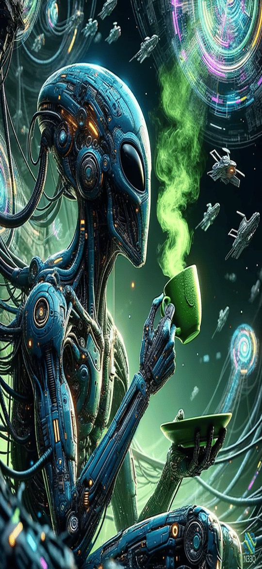 Blue Cyborg Alien Sipping Green Tea in Space