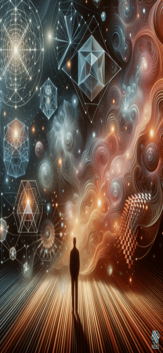 Silhouetted Figure Before Cosmic Geometric Forms