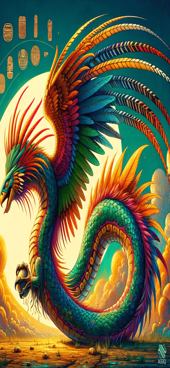 Rainbow Quetzalcoatl Coiled in Golden Sky