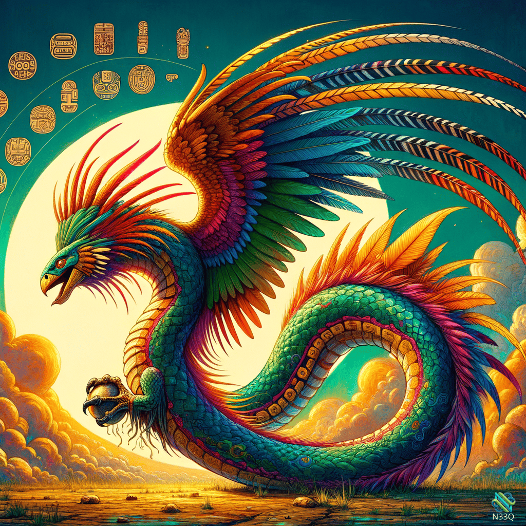 Rainbow Quetzalcoatl Coiled in Golden Sky