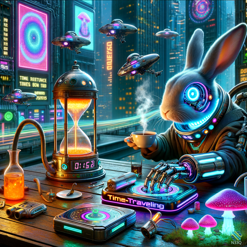 Cyborg Rabbit Drinking Coffee with Time Devices