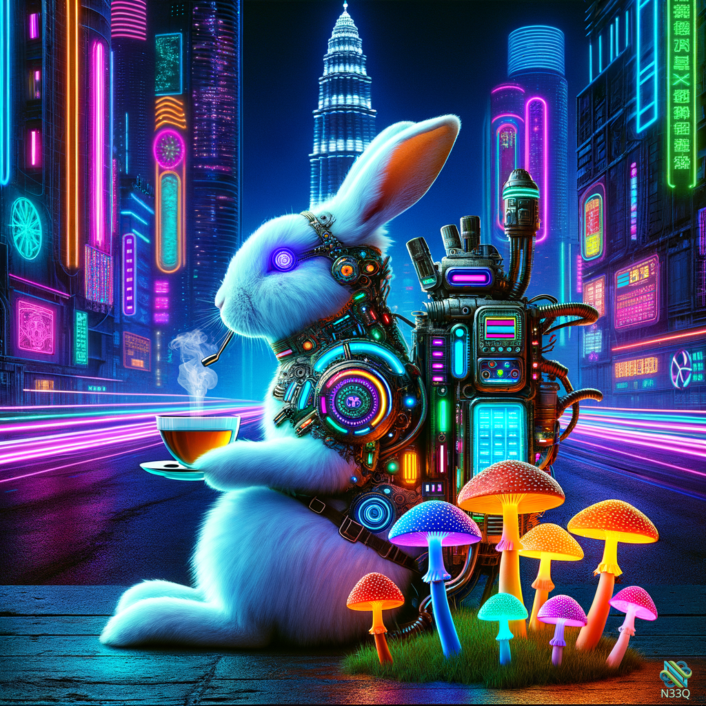Cyborg Rabbit Sipping Tea in Neon City