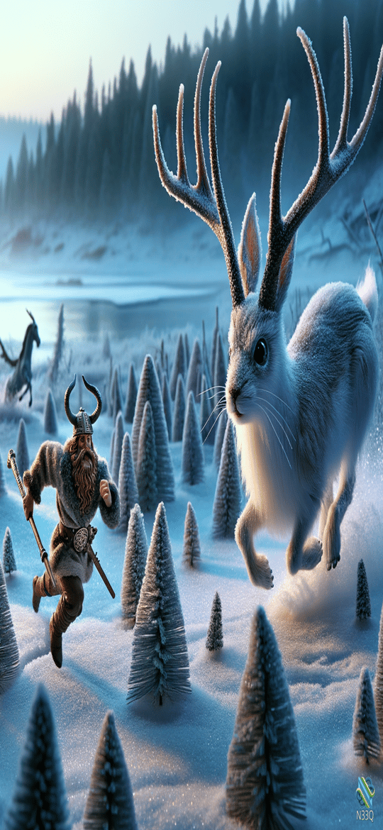 Viking Chasing Giant Antlered Rabbit in Snow