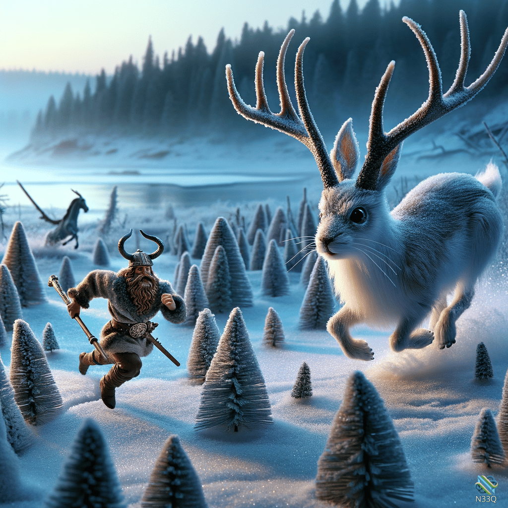 Viking Chasing Giant Antlered Rabbit in Snow