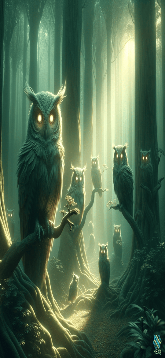 Glowing-Eyed Owls in Misty Forest