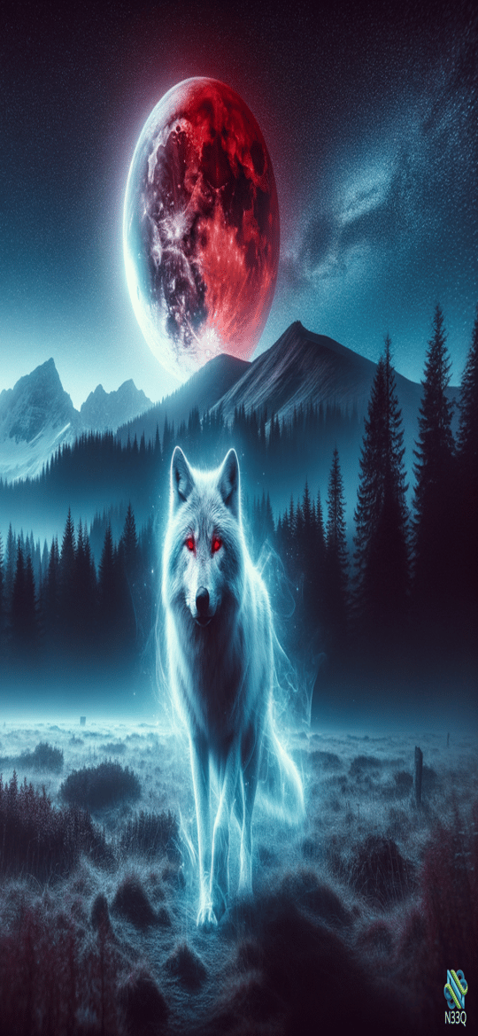 Ethereal White Wolf Under Red Moon