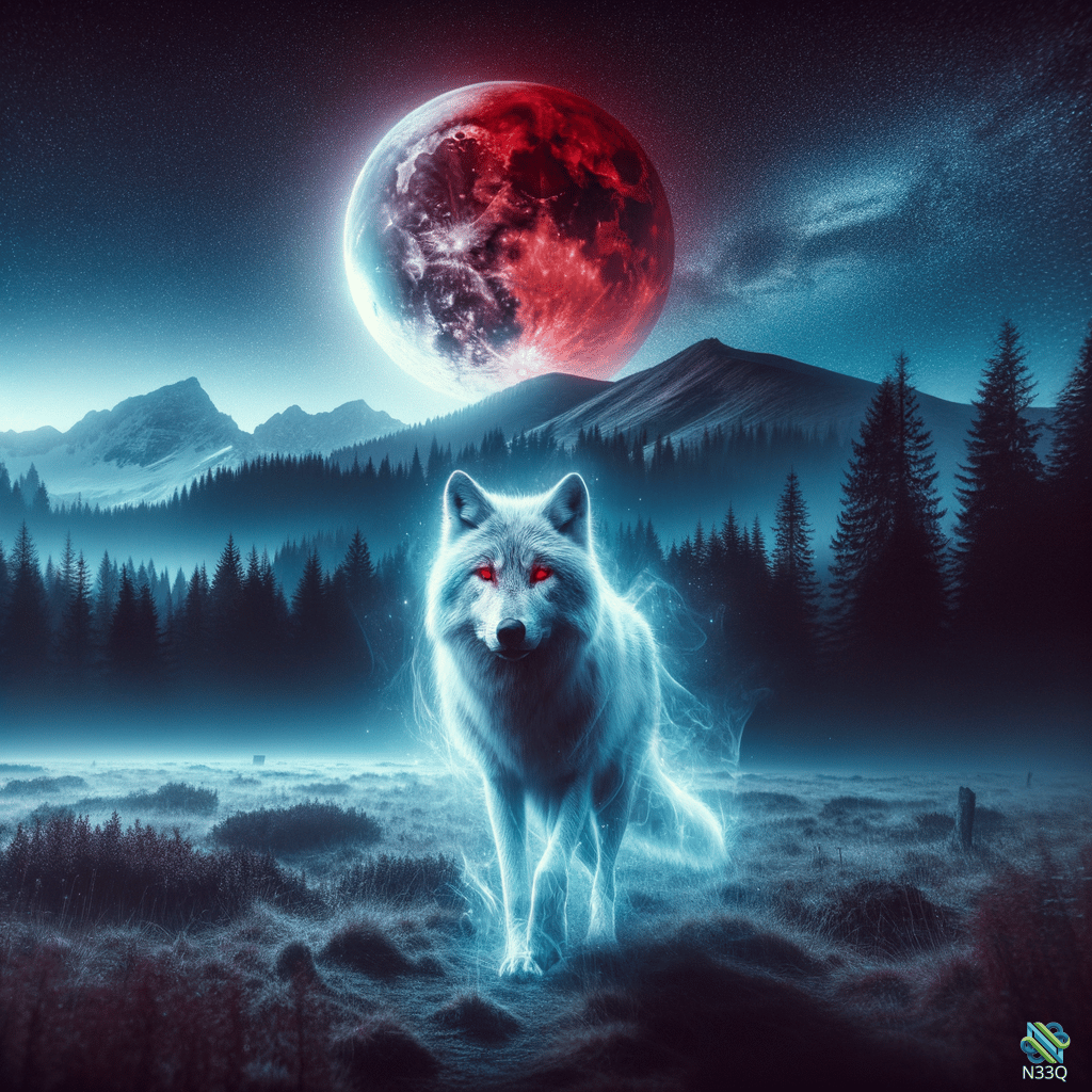 Ethereal White Wolf Under Red Moon