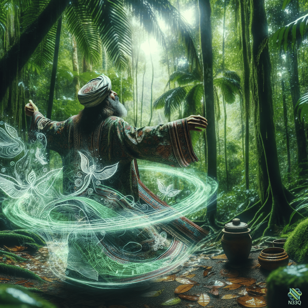Elderly Mystic Summoning Green Energy in Jungle