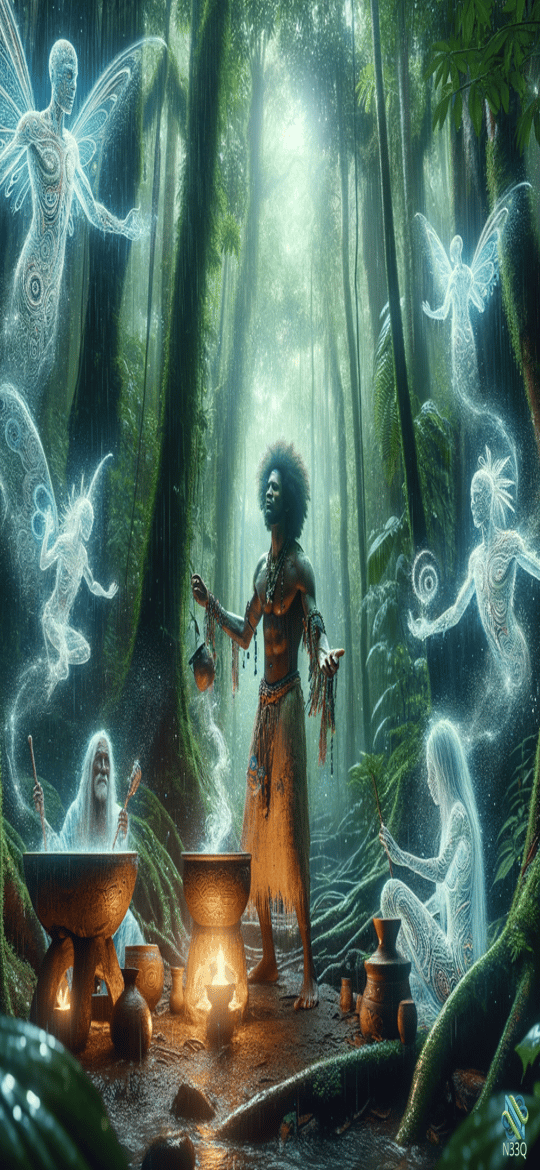 Shaman Ritual with Glowing Fairies in Jungle