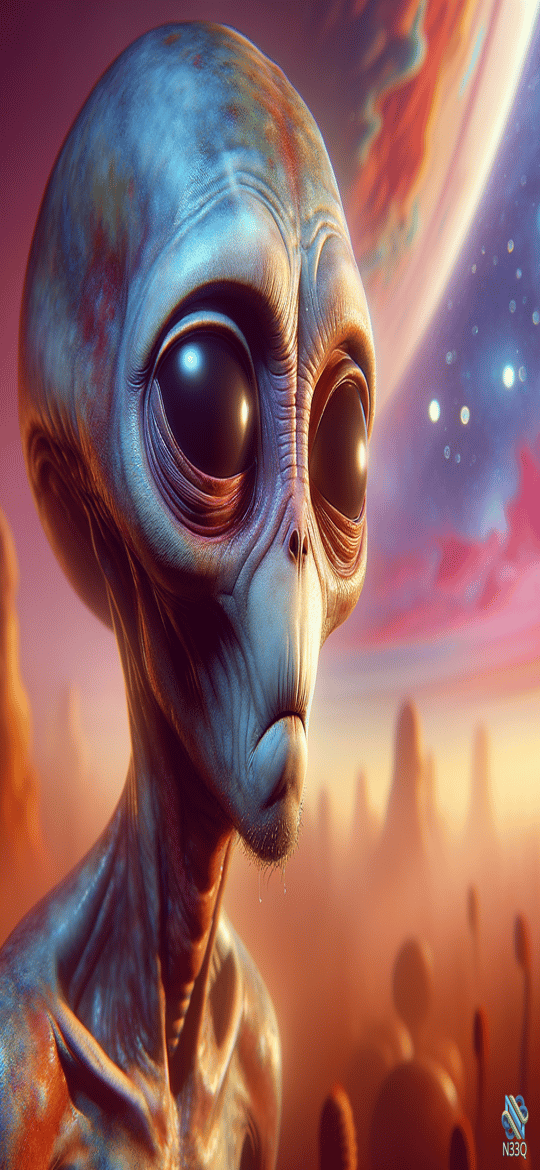 Blue Alien with Large Eyes in Space
