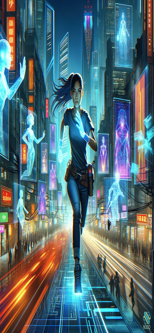 Woman Running in Neon Cyberpunk City