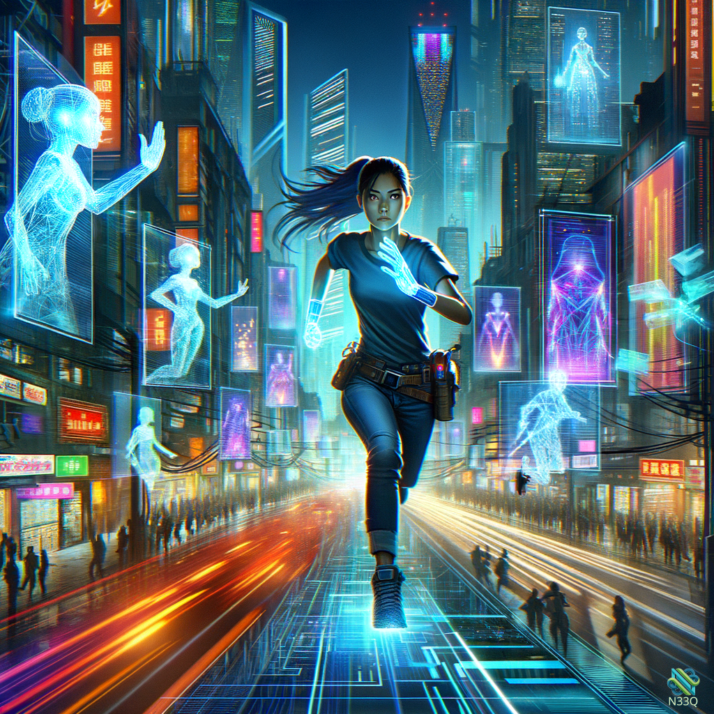 Woman Running in Neon Cyberpunk City